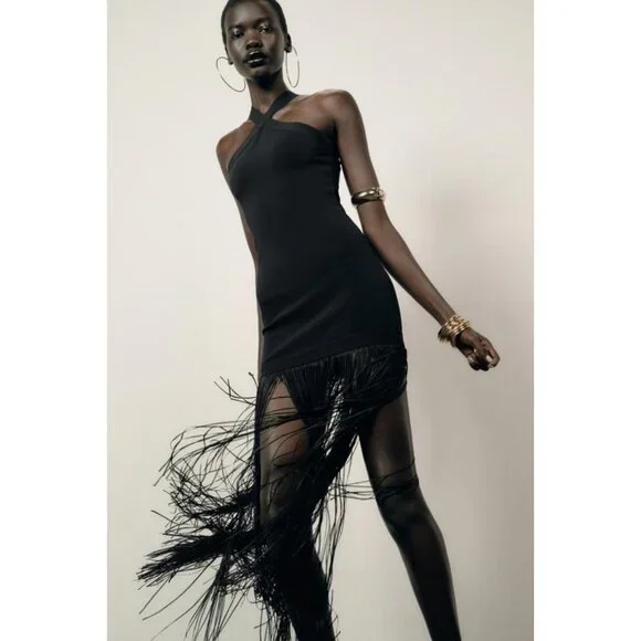 ZARA STRETCH LONG DRESS WITH FRINGING - Picture 1 of 12